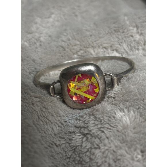 MFY 925 Sterling Silver Pink Confetti Art Glass Hinged Bangle Bracelet - Picture 3 of 5